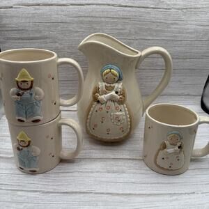Vintage 1970s Otagiri "Farmer's Wife" pitcher and 2 Mugs Excellent 1 Chipped